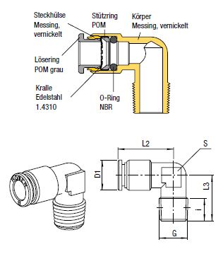 L-Verbinder Push-In, O.D. Schlauch 4mm, Aussengewinde R 1/8