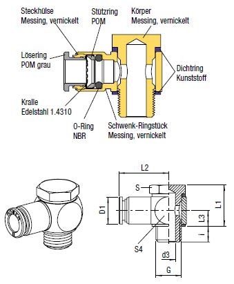 L-Verbinder Push-In, O.D. Schlauch 4mm, Außengewinde M 5