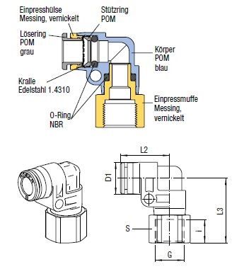 L-Verschluss-Stecker Push-In, O.D. Schlauch 4 mm, Innengewinde G 1/8