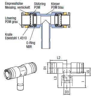 T-Steckanschlussverbinder Push-In, O.D. Schlauch 4 mm, I.D. Schlauch 4 mm