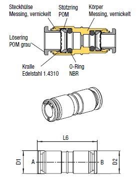 Verbinder Push-In, O.D. Schlauch 6mm, O.D. Schlauch 4mm