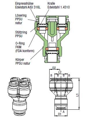 Y-Verbinder Push-In, O.D. Schlauch 6,0 mm, O.D. Schlauch 6,0 mm