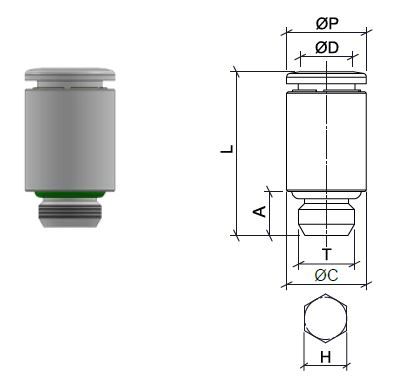 Gerader Steckanschlussverbinder aus Edelstahl AISI 316L mit BSPT-Aussengewinde, O.D. Schlauch 10 mm, Aussengewinde M5x0,8