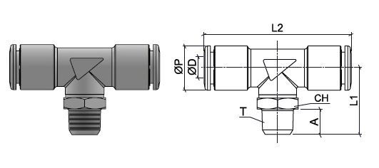 T-Steckanschlussverbinder aus Edelstahl AISI 316L mit BSPT-Aussengewinde, O.D. Schlauch 4 mm, Aussengewinde R 1/8”