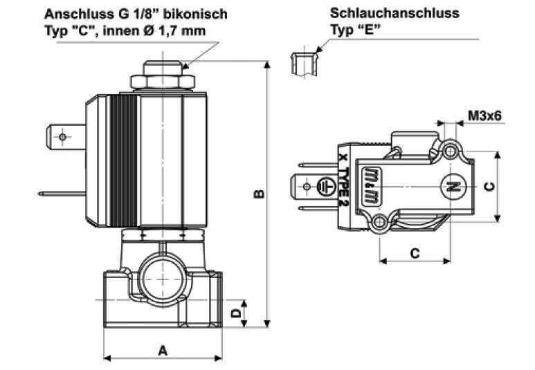 3-Wege Magnetventil, G 1/8, Messing, stromlos geschlossen, direktgesteuert